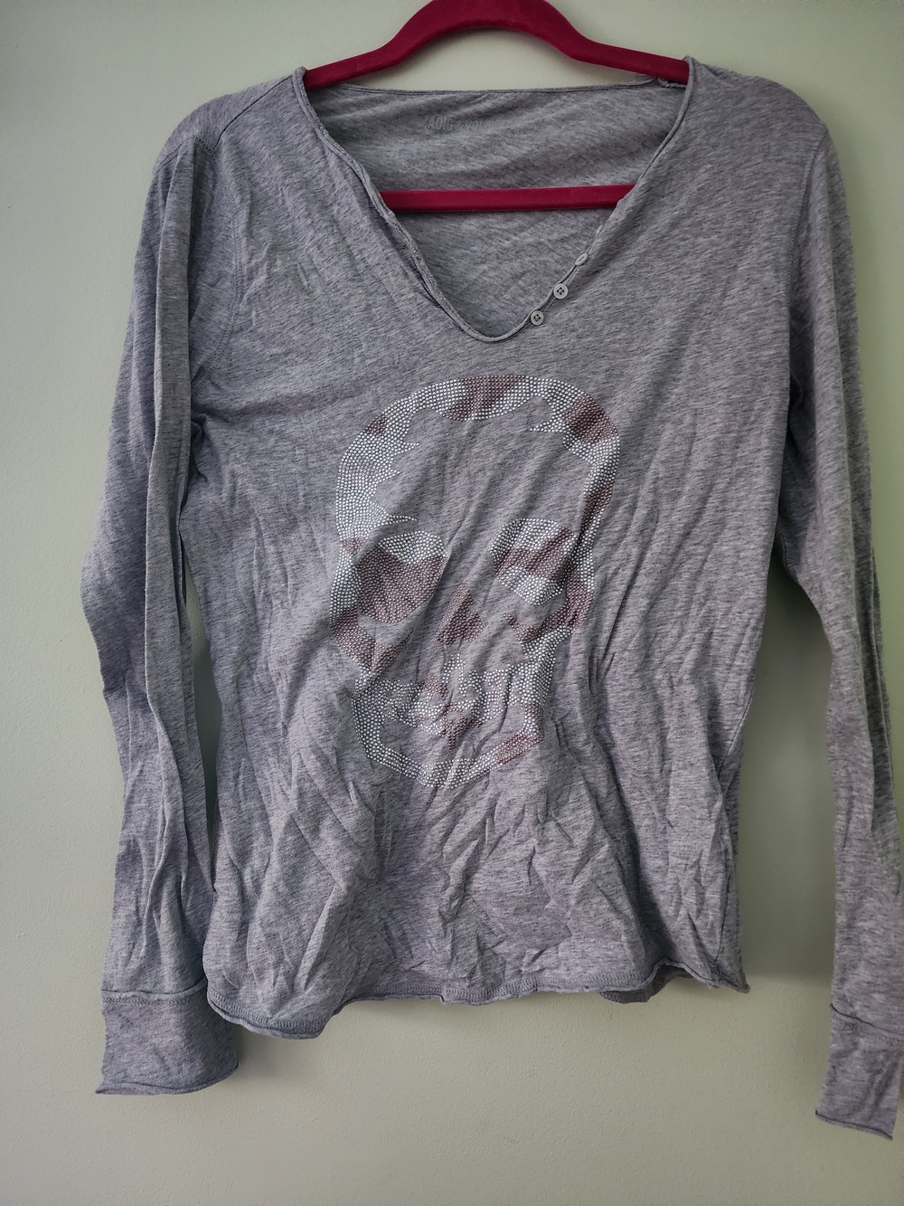 Zadig & Voltaire Light Gray V-Neck Long-Sleeve Skull Top